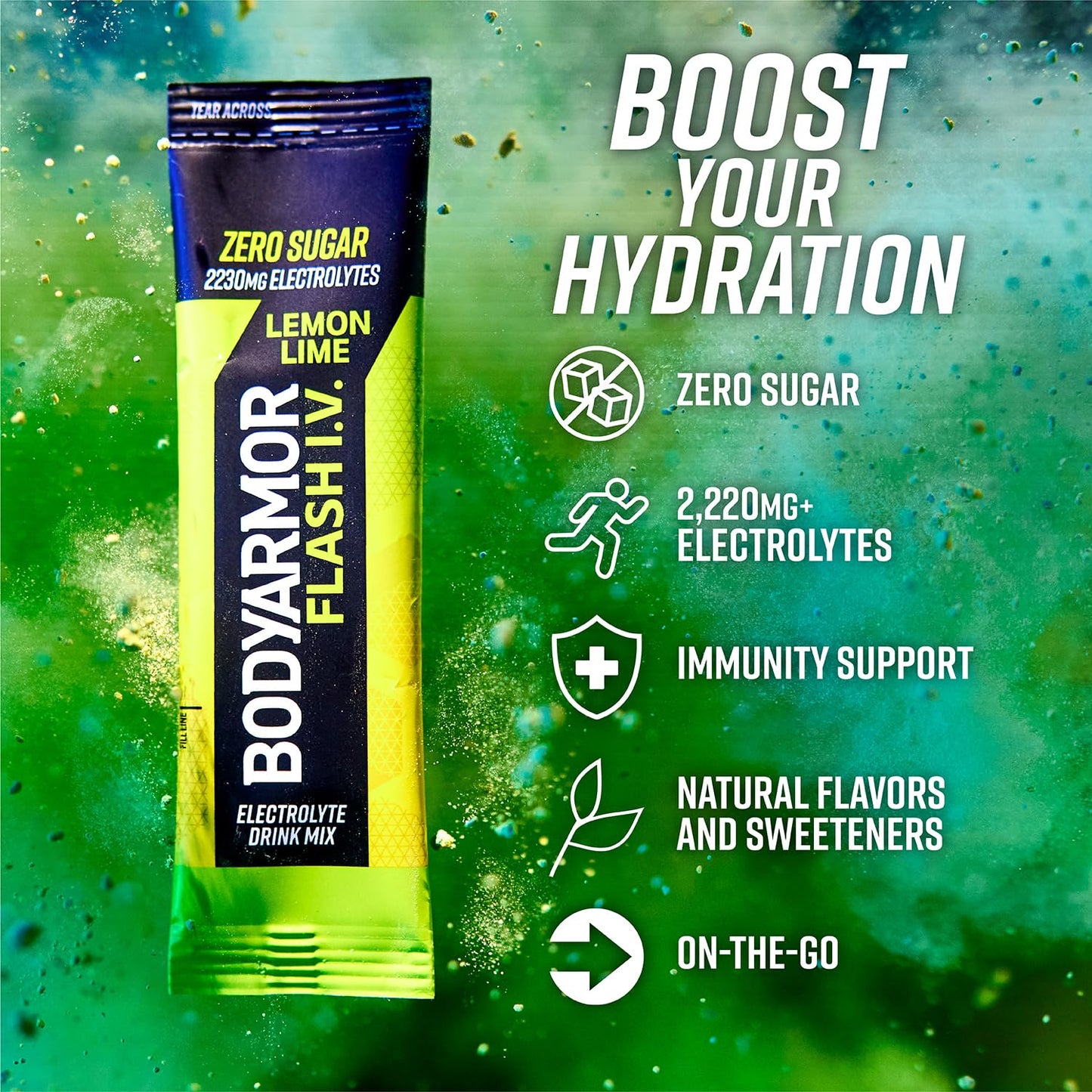 BODYARMOR Flash IV Electrolyte Packets, Lemon Lime - Zero Sugar Drink Mix, Single Serve Packs, Coconut Water Powder (15 Count)
