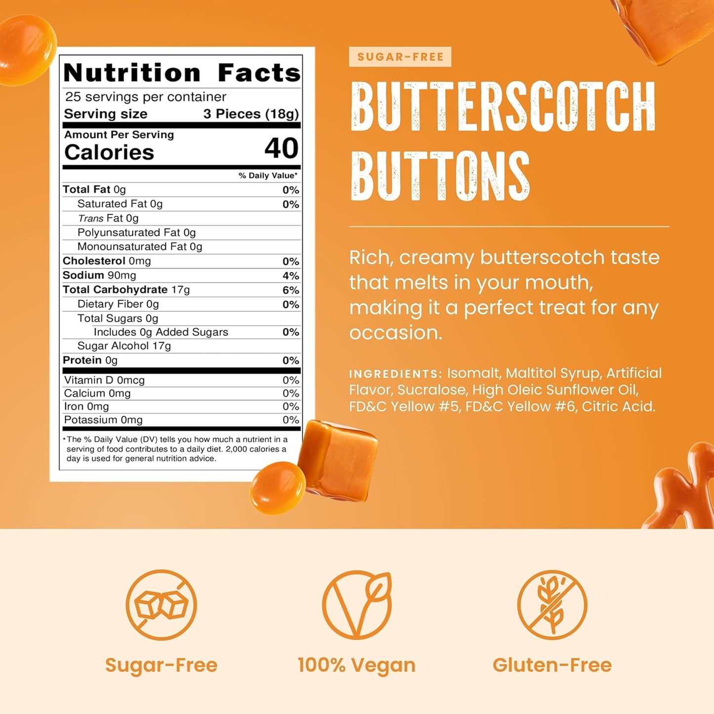 Cambie Sugar Free Butterscotch Hard Candy – 1 lb of Individually Wrapped Sugar Free Hard Candy, Smooth & Creamy Butterscotch Buttons, Keto & Diabetic Friendly