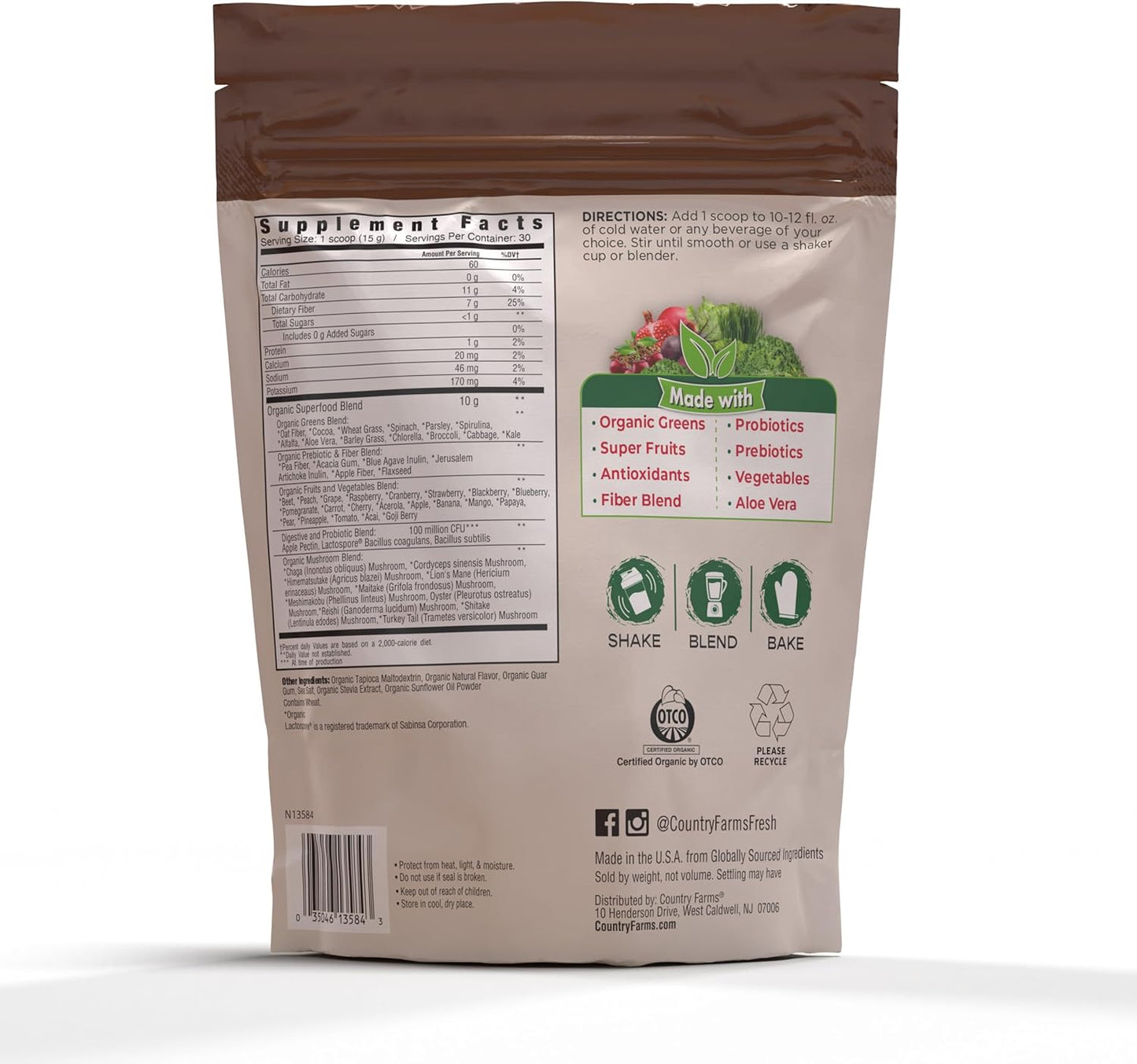 COUNTRY FARMS Super Greens Chocolate Flavor, 50 Organic Super Foods, USDA Organic Drink Mix (Wheat Grass, Spirulina, Chlorella) Mushrooms & Probiotics, with Fiber, Natural Energy, 30 Servings