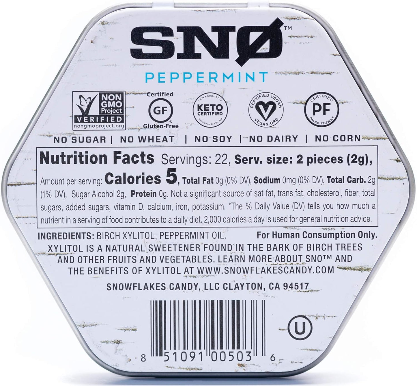 Peppermint KETO Xylitol Candy Chips - SNØ 1.5oz Tin - Sugar-Free Candy With Only 2 Ingredients | Low Carbs, Diabetic-Friendly, Non-GMO, Vegan, GF & Kosher | Purest candy in the world!