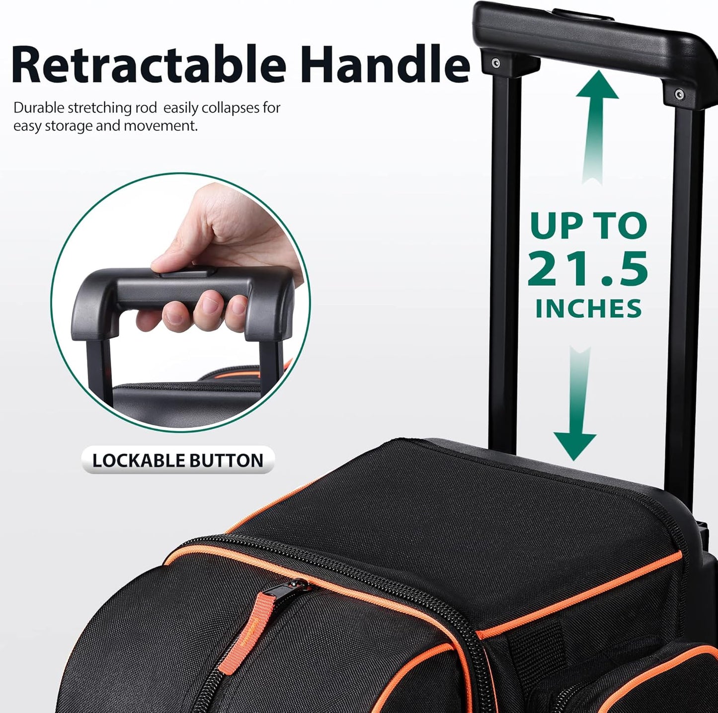 Double Roller 2 Ball Bowling Bag with Separate Shoe Compartment for Bowling Shoes (Up To US Mens Size 15) and Oversized Accessory Pocket, Retractable Handle - Extends to 40"