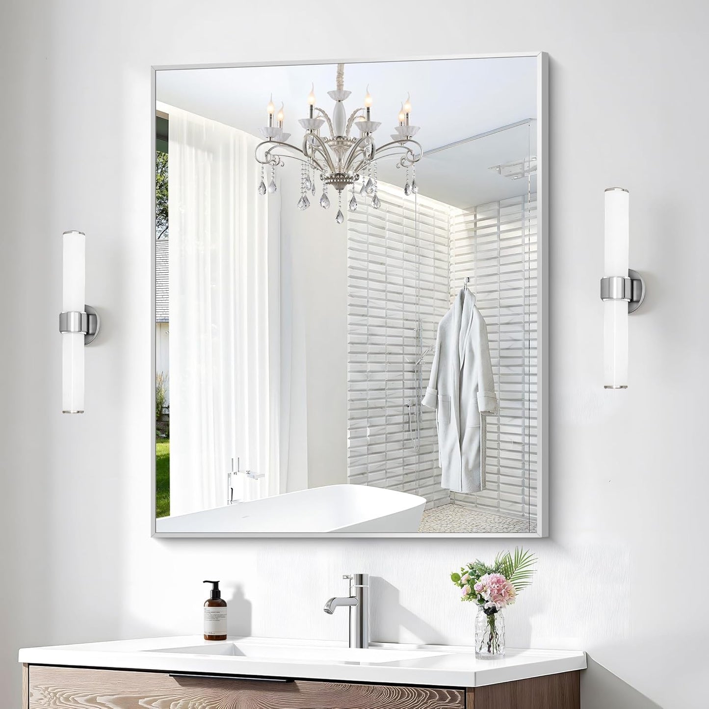 Silver Bathroom Mirror,30x36 inch Wall Mirror for Bathroom Wall Mounted,Rectangle Mirror for Bathroom Over Sink,Modern Metal Frame for Living Room,Bedroom Entryway,Horizontal/Vertical