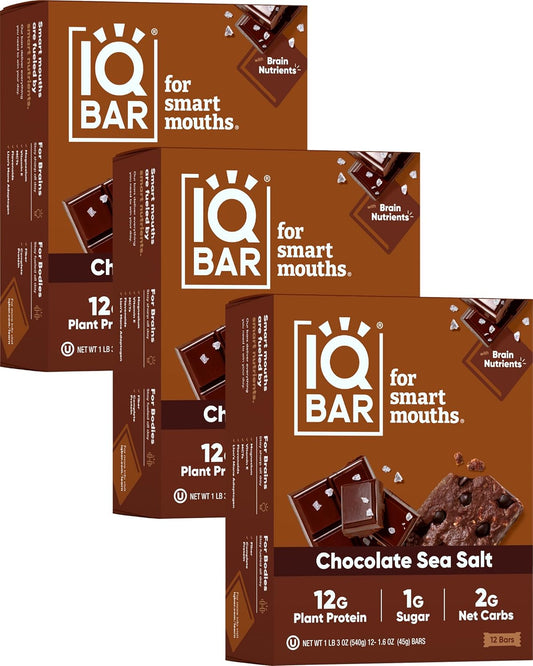 IQBAR Brain and Body Plant Protein Bars - Chocolate Sea Salt - 36-Count Low Carb - Gluten Free, High Fiber, Vegan Snacks - Low Sugar Meal Replacement