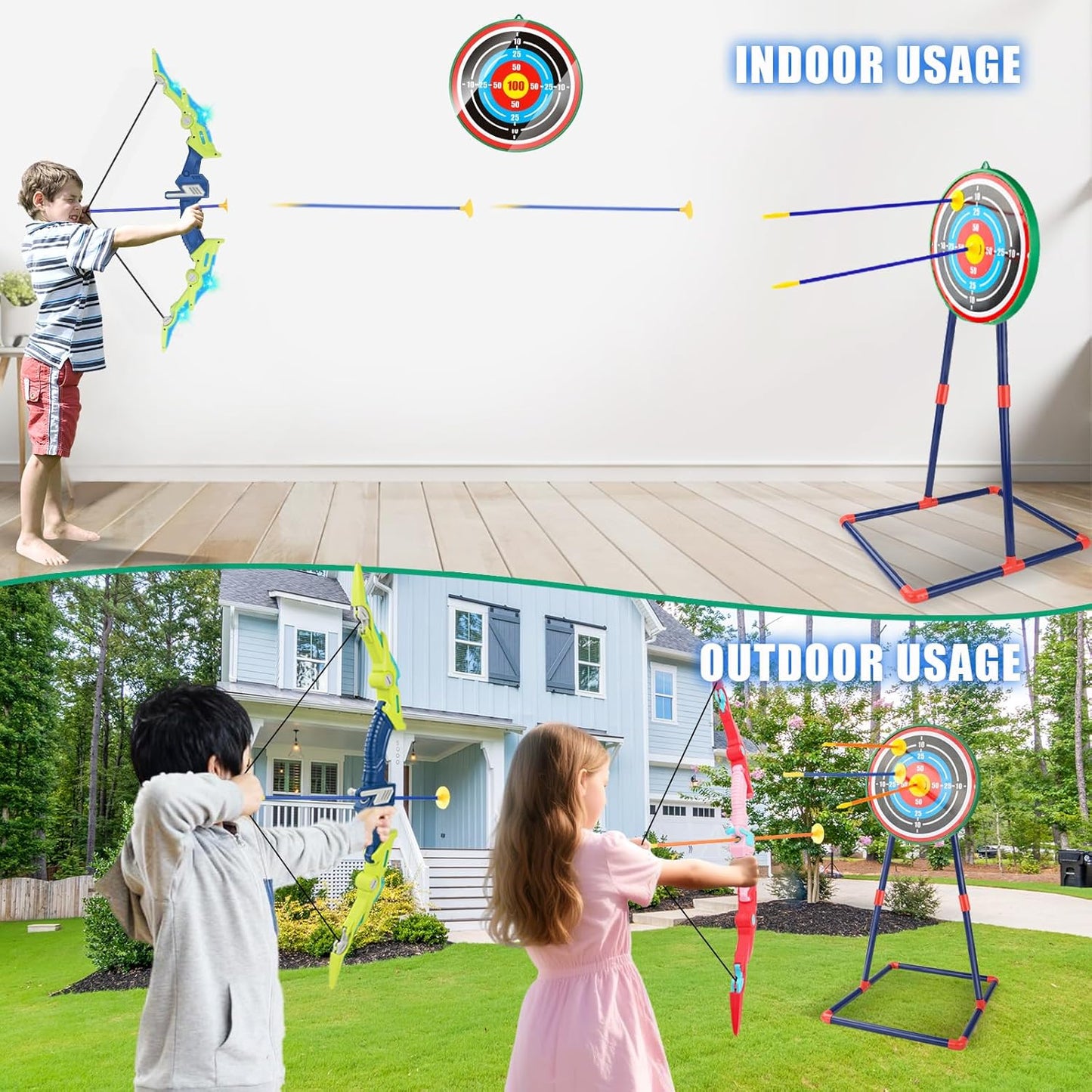 Bow and Arrow Set for Kids 4-12 Years Old, LED Light Up Archery Toy with 20 Suction Cup Arrows and Standing Target, Indoor Outdoor Activity Toys for Ages 4-6 8-13