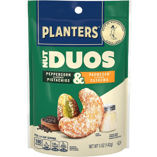 PLANTERS Nut Duos, Flavored Nuts, Peppercorn Pistachios & Parmesan Cashews 5oz