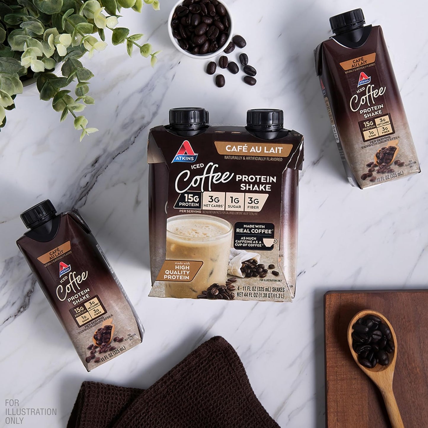 Atkins Café au Lait Iced Coffee Flavored Protein Shake, High Protein Shake, Low Sugar, Low Carb and Low Sugar, Keto Friendly, Gluten Free, 12 Count