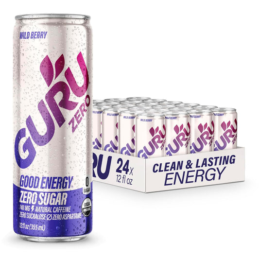 GURU ZERO SUGAR Wild Berry Organic Energy Drink with Plant Based Natural Caffeine from Green Tea, Coconut Water, Prebiotic, Zero Added Sugars, Gluten Free & Vegan, Pre Workout, 140MG Caffeine, 12 Oz (Pack of 24)