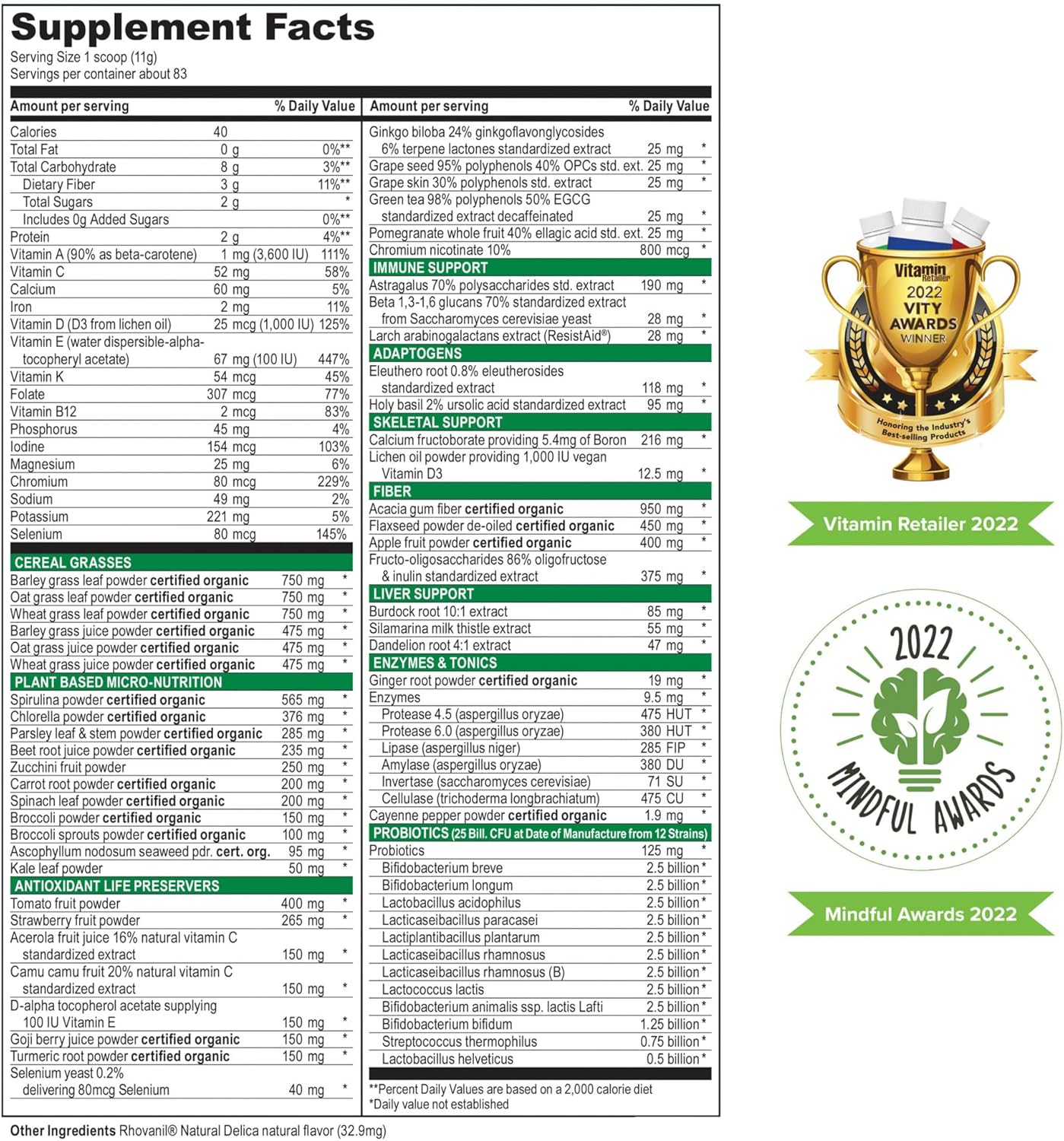 Vibrant Health, Green Vibrance, Includes 65 Plant-Based Superfoods, 25 Billion Probiotics, Fiber, Adaptogens & Enzymes, 83 Servings