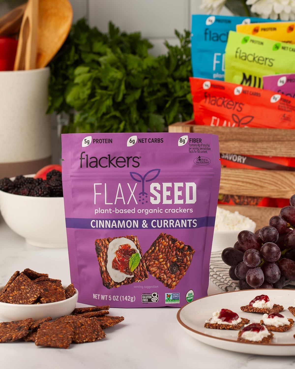 Flackers Organic Flax Seed Crackers Cinnamon & Currants, 5 Ounce 1 Pack, Gluten Free, Non GMO, Vegan, Naturally Sweet