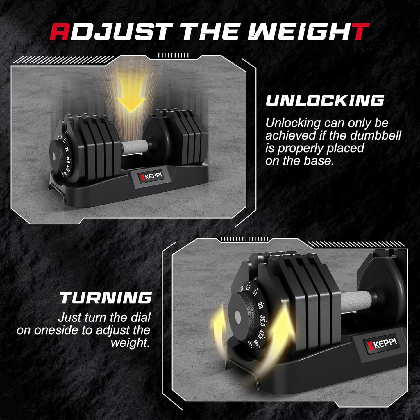 Keppi Adjustable Dumbbells Set-25lb/40lb/55lb/60lb, Anti-Slip Metal Fast Adjust Weight Handle, Exercise & Fitness for Full Body Workout - Adjustable Dumbbell Series