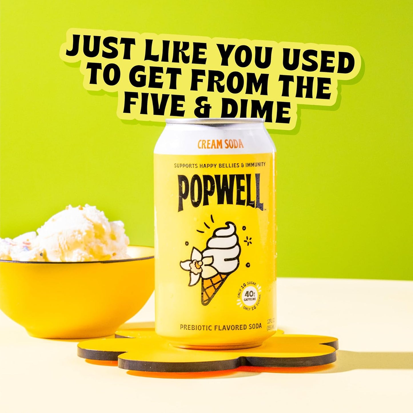 Popwell Cream Soda Caffeinated Better-For-You Prebiotic Soda, with 6g Fiber, 1g Sugar, Vitamins and Immunity Support, 12 fl oz Cans (pack of 12)