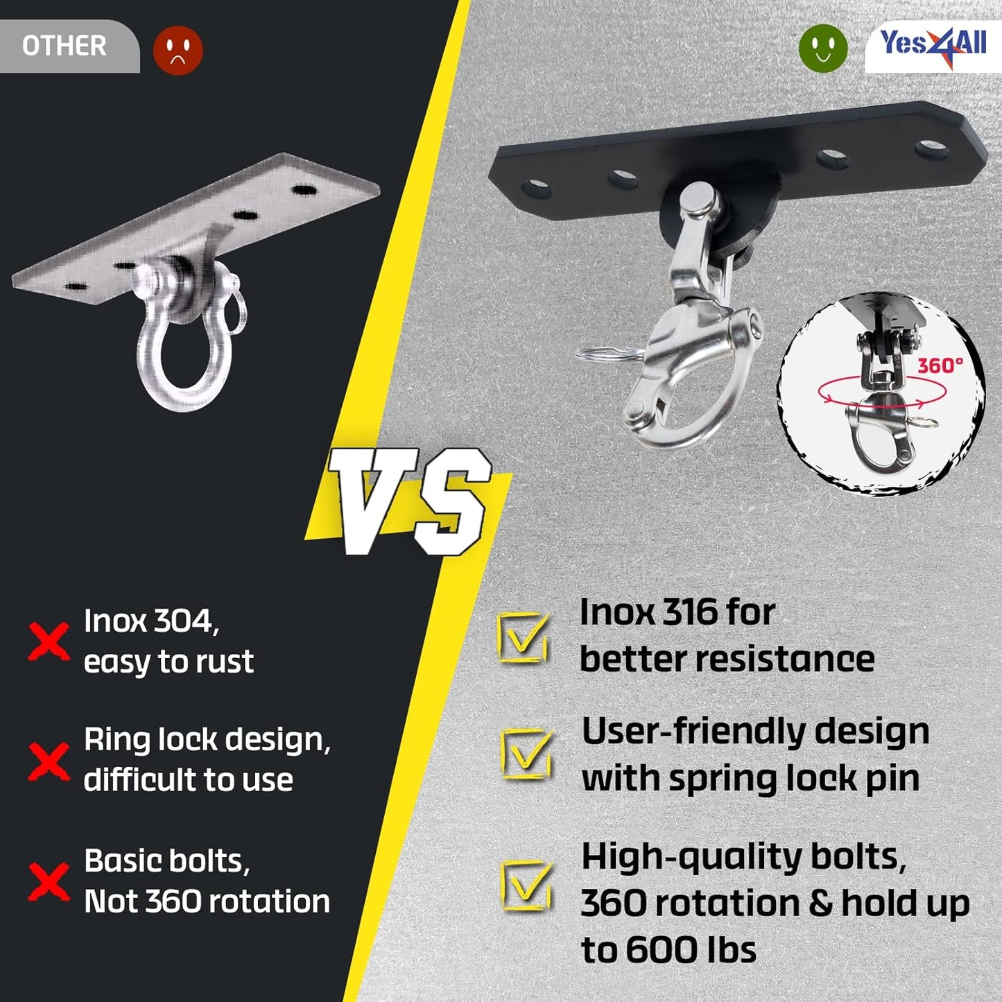 Yes4All Punching Bag Hanger, Stainless Steel Swivel Chain with 4 Snap Hooks for Heavy Bag, Gym Swing, Trapeze, and Hammock