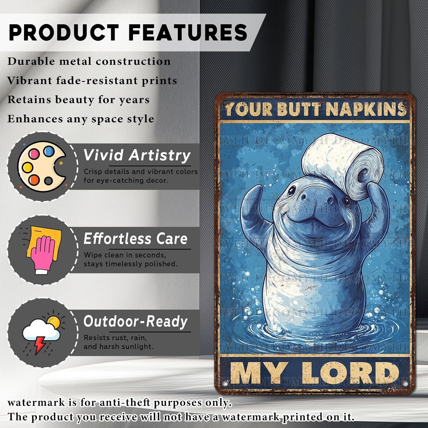 Vintage Manatee Tin Sign Your Butt Napkins My Lord Retro Bathroom Metal Poster Funny sea Cow Wall Art Toilet Man Cave Bar Cafe Indoor Room Garage Store Office 12 * 8inch