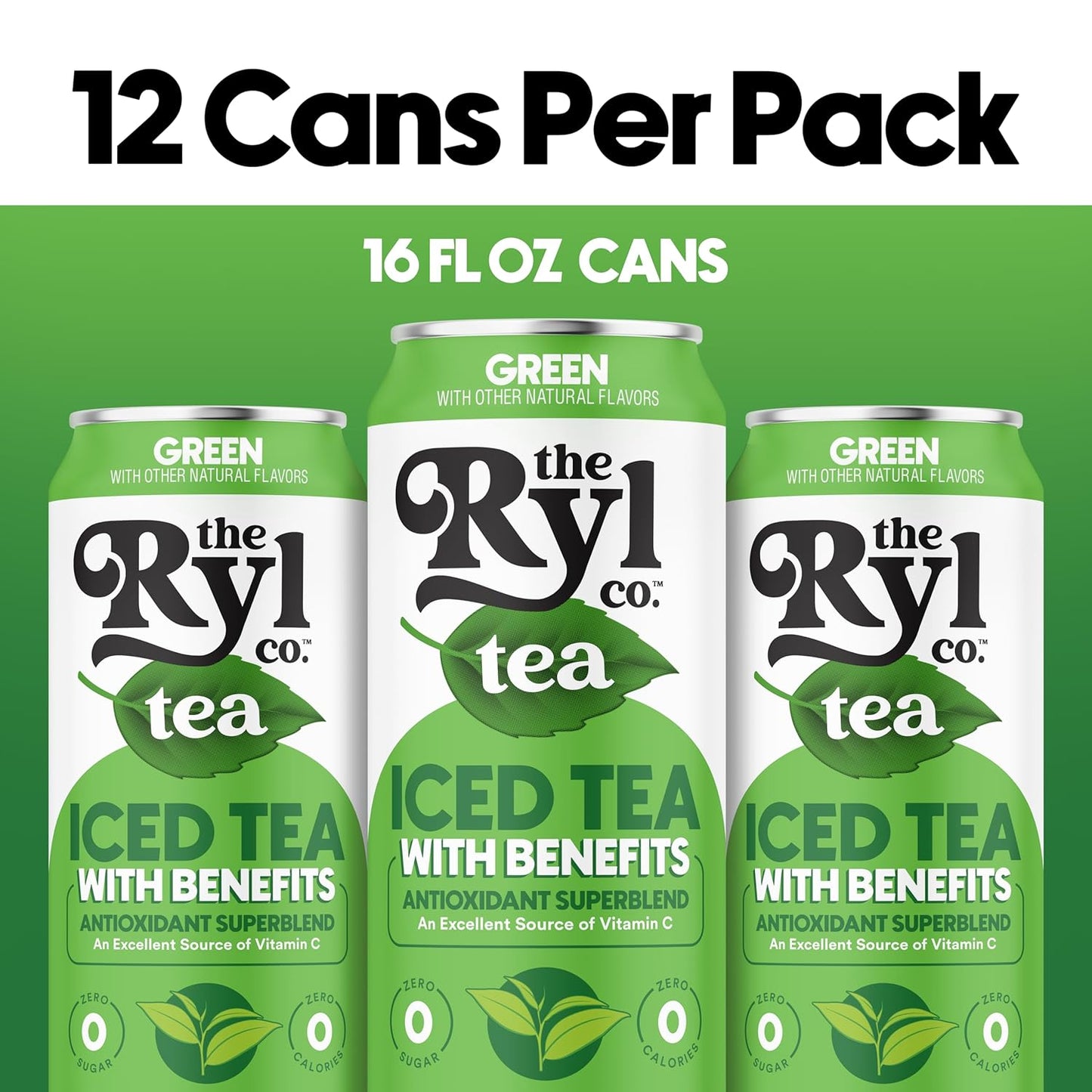 Ryl Iced Tea, Green, Antioxidant Superblend, Zero Sugar, Low Carb, Zero Calorie Iced Tea, 16.0 Fl Oz (12-Pack)