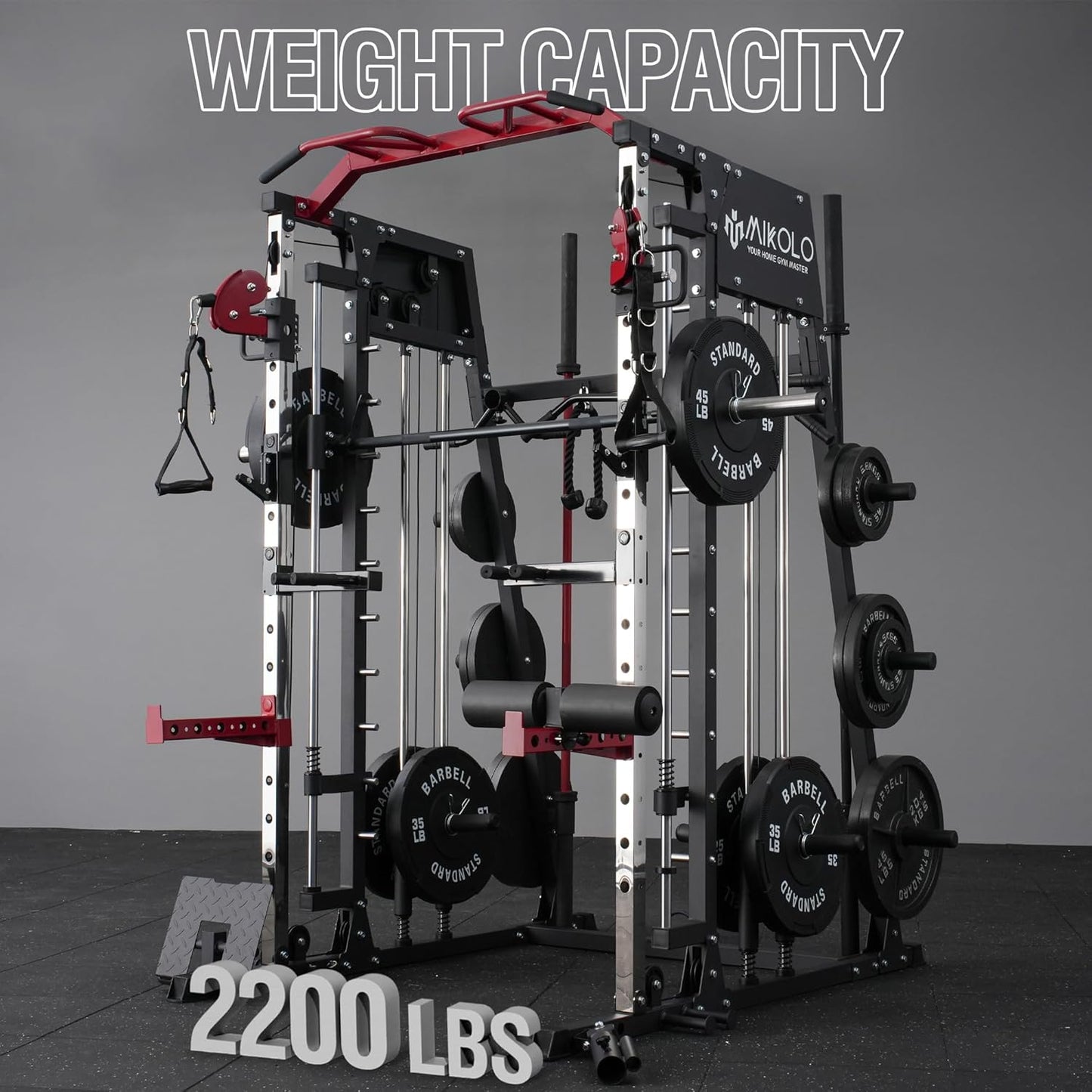 Mikolo Smith Machine, 2200lbs Squat Rack with LAT-Pull Down System & Cable Crossover Machine, Training Equipment with Leg Hold-Down Attachment