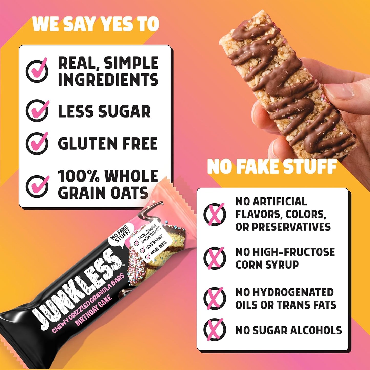 JUNKLESS Chewy Granola Bars Twin Pack – Chocolate Chip & Drizzled Birthday Cake (12 Bars)–Less Sugar, Non-GMO, Gluten-Free, Wholesome Snack Bars for Kids & Adults, 2 Boxes