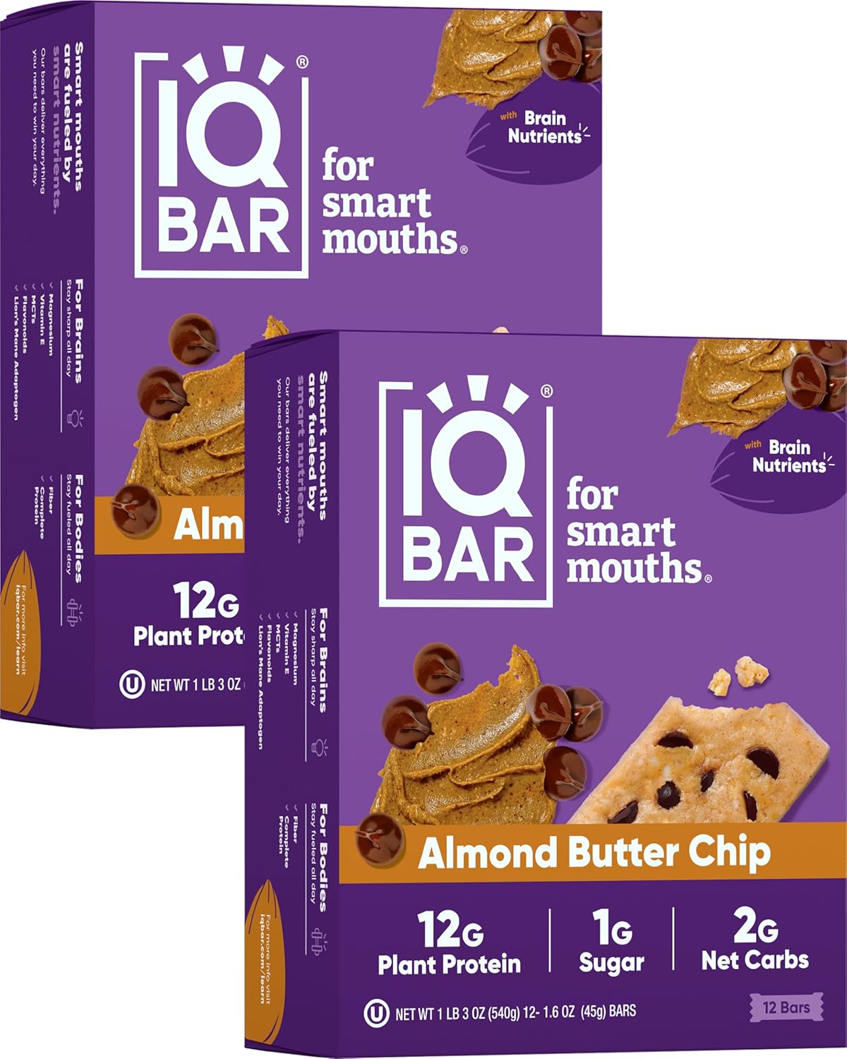 IQBAR Brain and Body Plant Protein Bars - Almond Butter Chip - 24-Count Low Carb - Gluten Free, High Fiber, Vegan Snacks - Low Sugar Meal Replacement