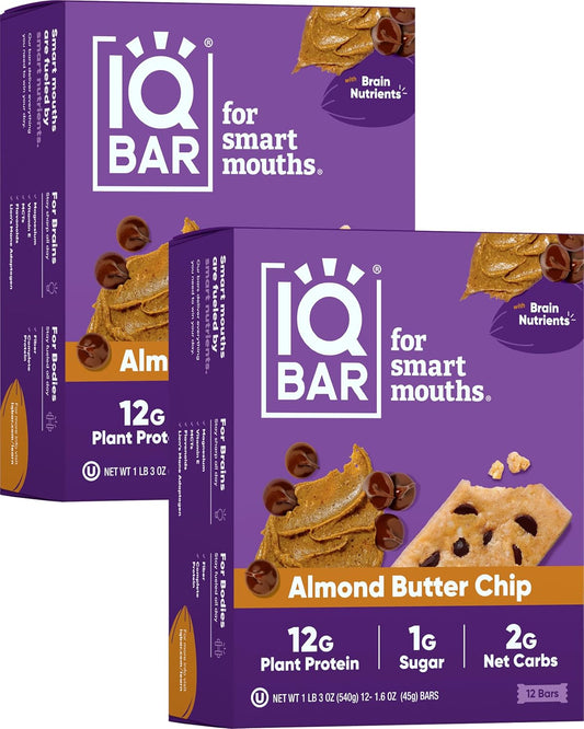 IQBAR Brain and Body Plant Protein Bars - Almond Butter Chip - 24-Count Low Carb - Gluten Free, High Fiber, Vegan Snacks - Low Sugar Meal Replacement