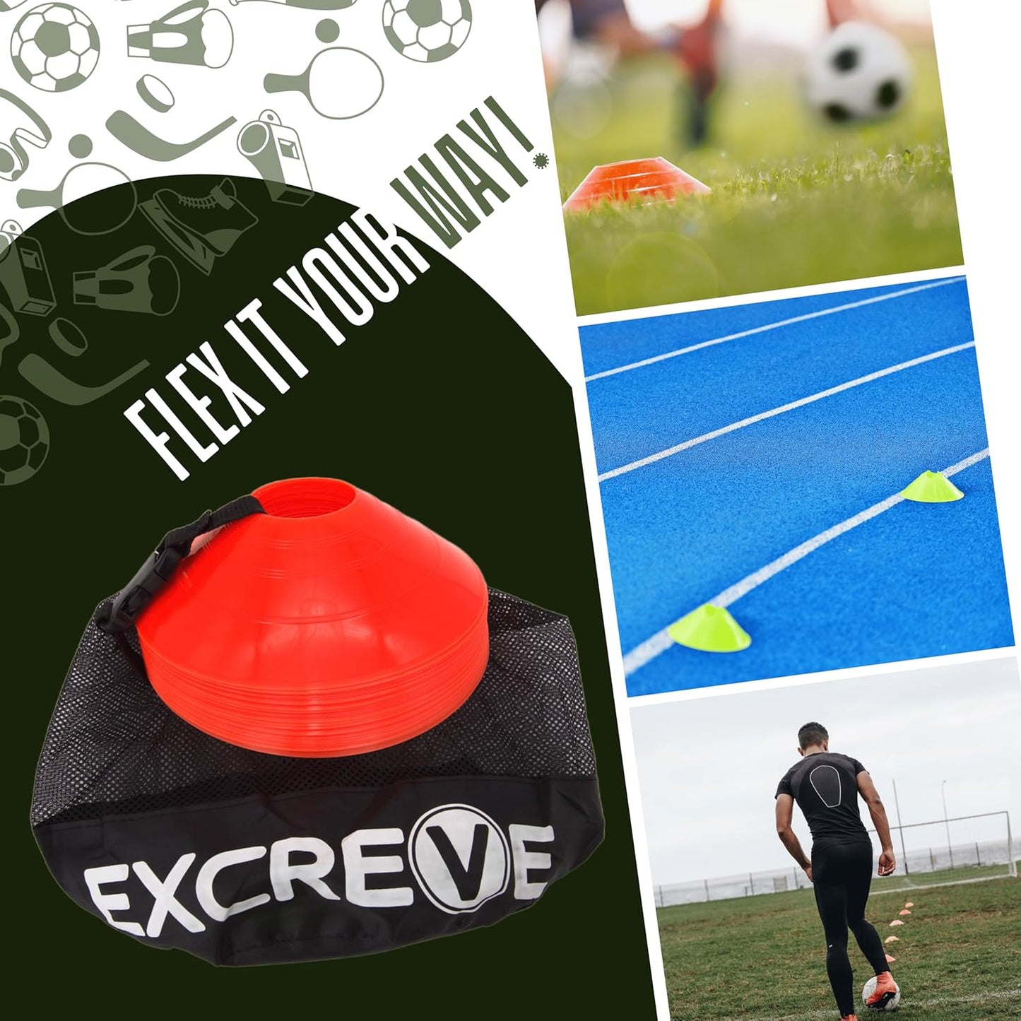 Agility Soccer Cones with Carry Bag for Sports Training - Set of 24 & 50 Orange Soccer Cones for Training Football, Basketball, Fitness - Outdoor & Indoor Drill - Coaching Practice Equipment