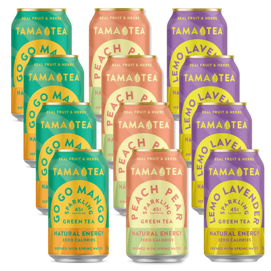 Tama Tea Sugar-Free Sparkling Green Tea Variety Pack – Organic & Naturally Energizing, Zero Calorie, Zero Carb, Non-GMO – Antioxidant-Rich with 45mg Natural Caffeine – 12 oz Cans (12-Pack)