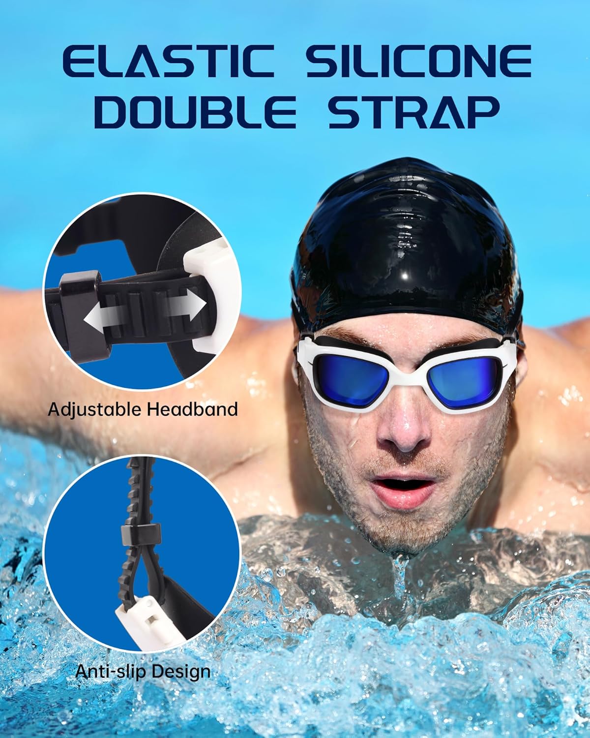 Swim Goggles, Goggles Adult with Swimming Cap, Nose Clip & Ear Plugs, UV Protection Anti-Fog Lens and Case for Adult