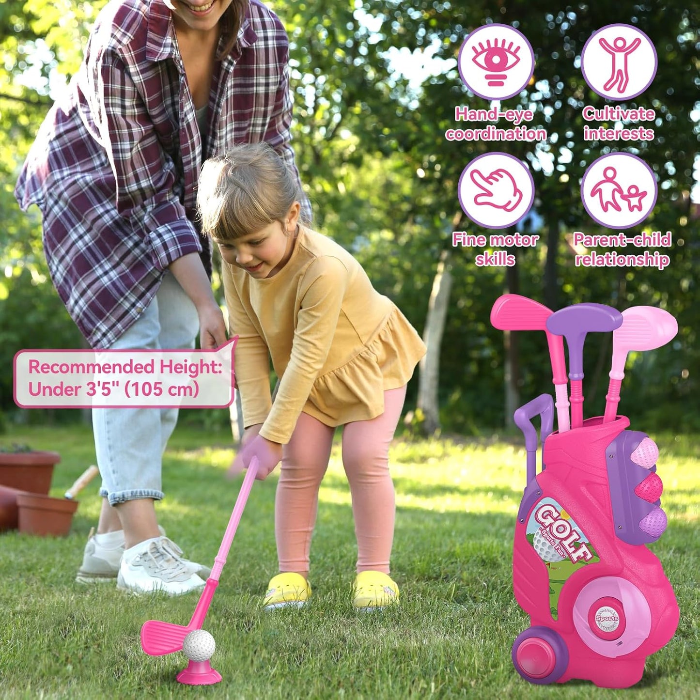 Liberry Toddler Golf Set for 2 3 4 Years Old Girls Boys, Upgraded Kids Golf Cart with Golf Cornhole Board & Putting Mat, Indoor and Outdoor Golf Toys Birthday Gift, Pink