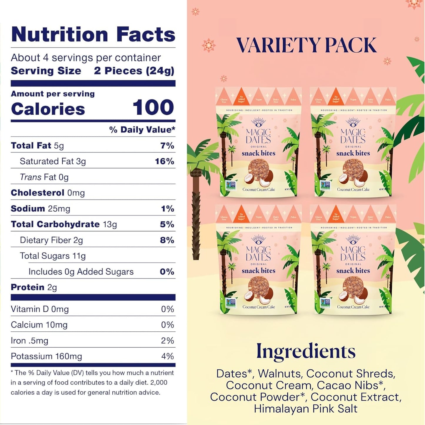 MAGICDATES Date Snack Bites | Coconut Cream Cake – 4 Bags (16 Servings) | Medjool Dates | No Added Sugar | Gluten-Free | Vegan | Paleo | Plant-Based | Healthy Coconut Snack | Clean Ingredients