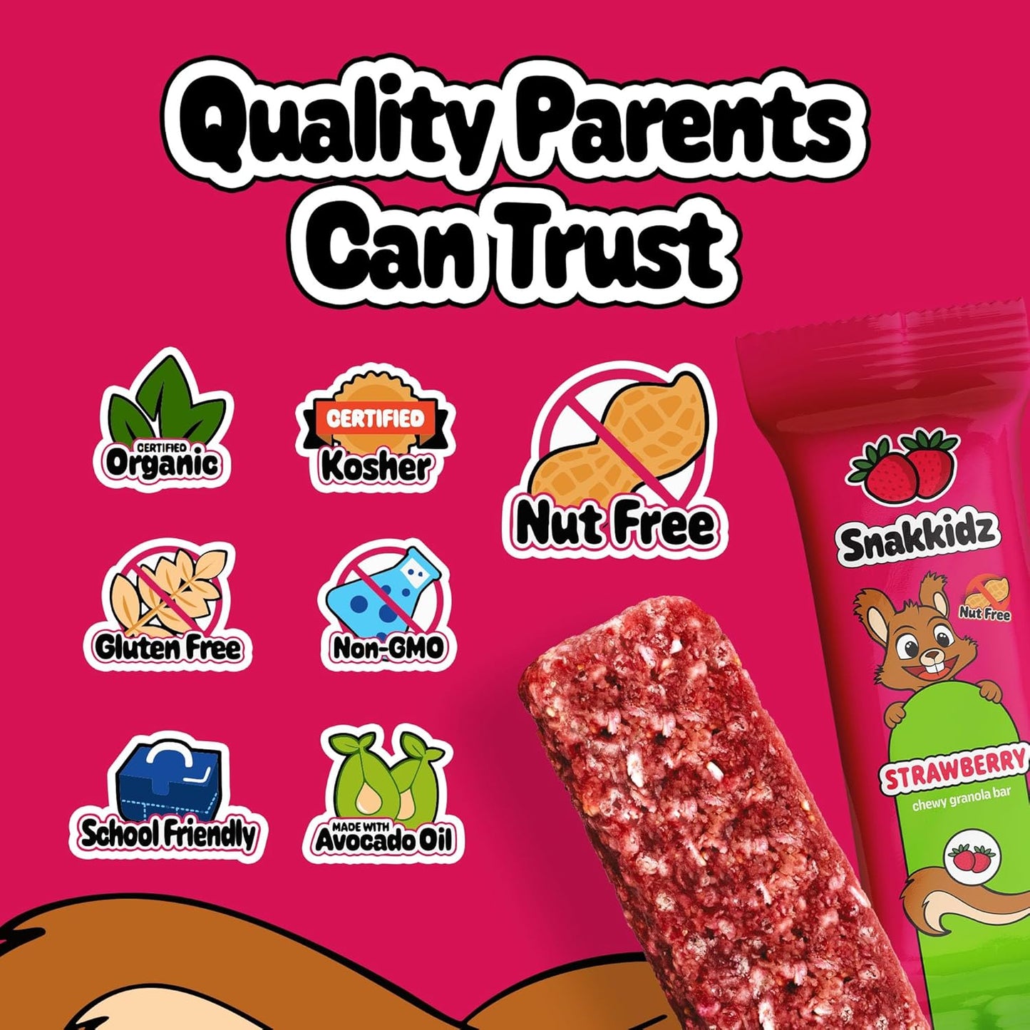 Snakkidz Organic Chewy Granola Bar, Allergen Free, Made with Avocado Oil, Low Sugar (15 Bars, Strawberry)