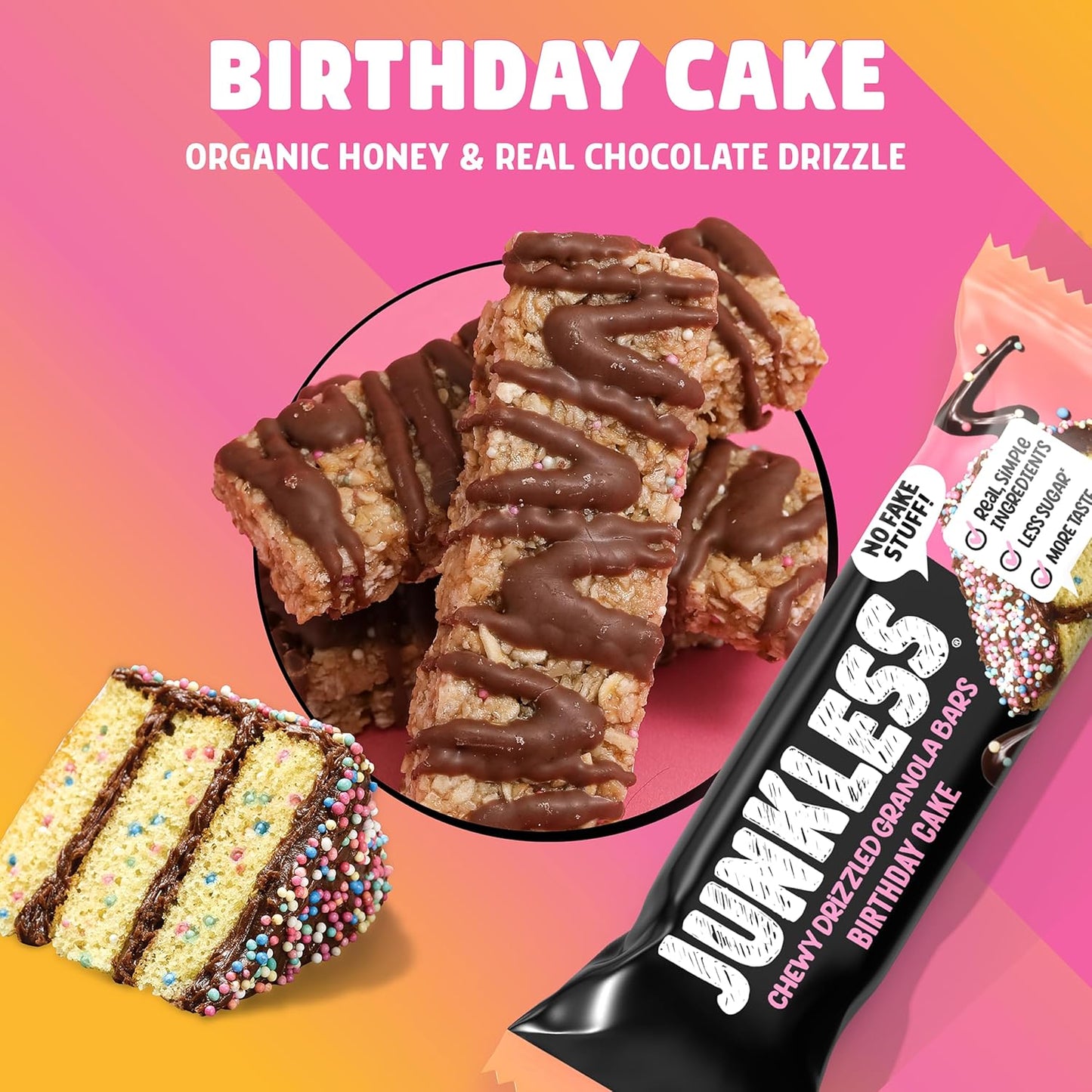 JUNKLESS Chewy Granola Bars Twin Pack – Chocolate Chip & Drizzled Birthday Cake (12 Bars)–Less Sugar, Non-GMO, Gluten-Free, Wholesome Snack Bars for Kids & Adults, 2 Boxes