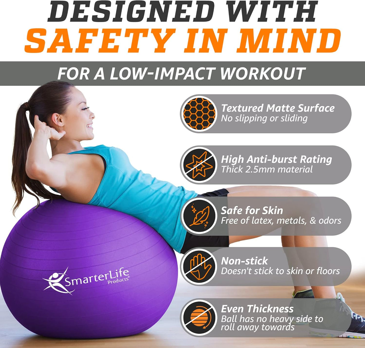 SmarterLife Exercise Ball Yoga Ball for Fitness, Balance, Stability, or Pregnancy, Gym Ball for Core Workout, Physical Therapy, Yoga Ball Chair for Office, Anti-Slip Anti-Burst