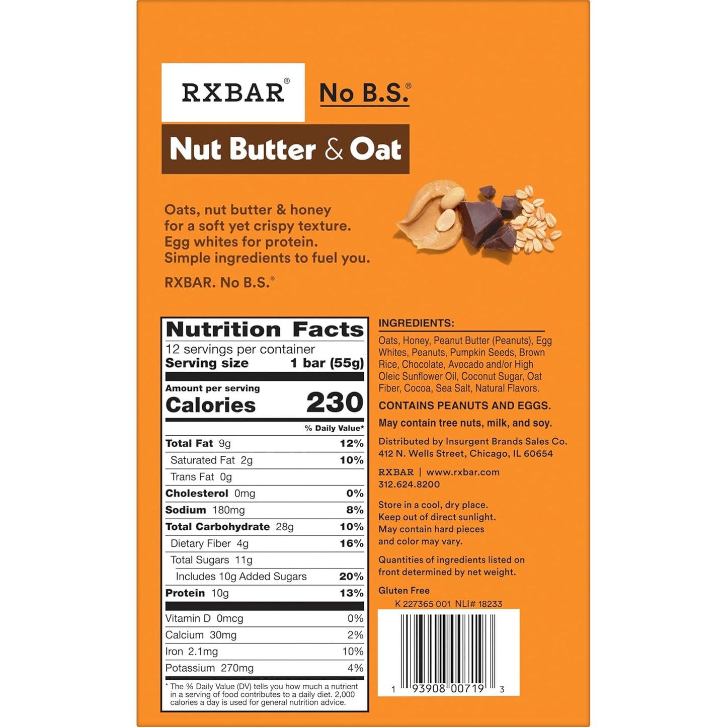 RXBAR Nut Butter and Oat Protein Bars, Protein Snacks, Snack Bars, Dark Chocolate Peanut Butter, 23.2oz Box (12 Bars)