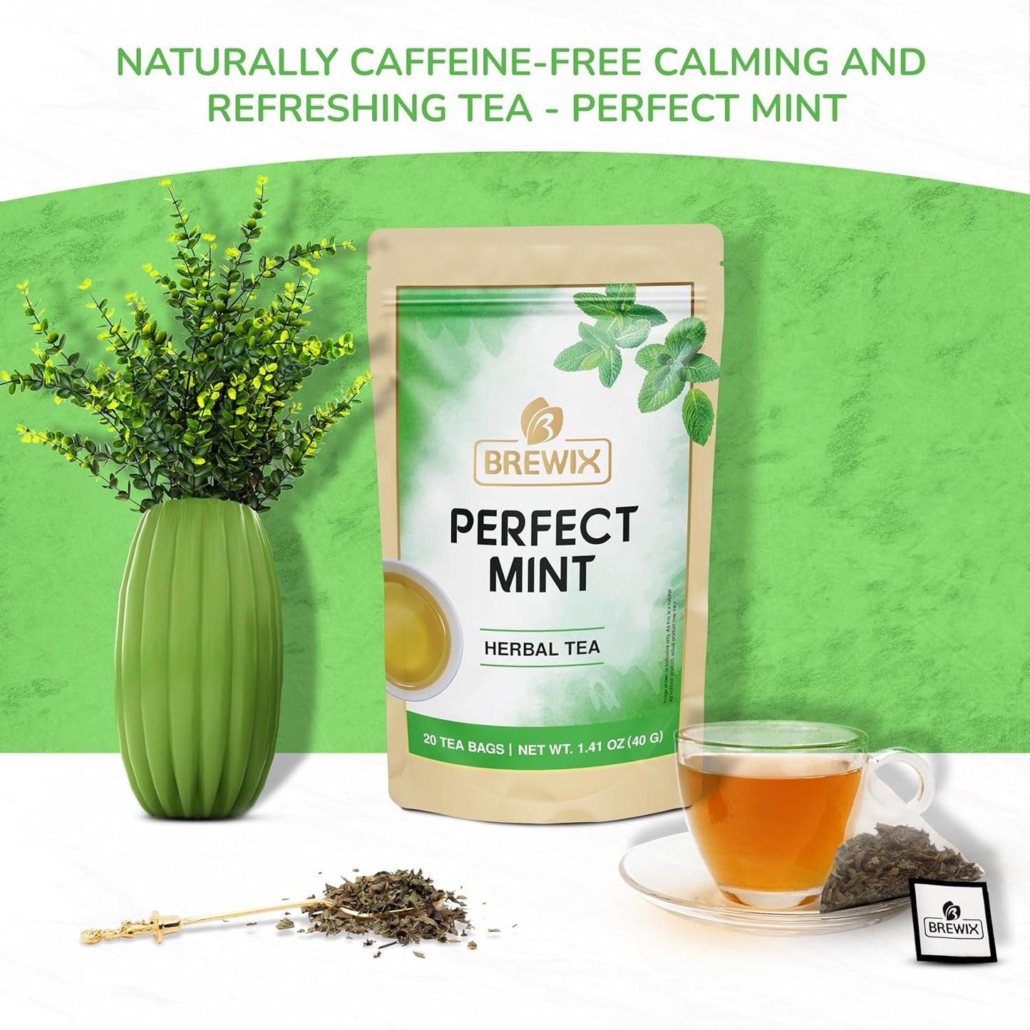 BREWIX, Perfect Mint Tea (20 Pyramid Tea Bags) | Soothing Mint Blend for Digestion Support & Daily Calm | Calming, Fresh and Cool | Caffeine Free Herbal Tea | No Sugar & No Caffeine | Spearmint and Peppermint