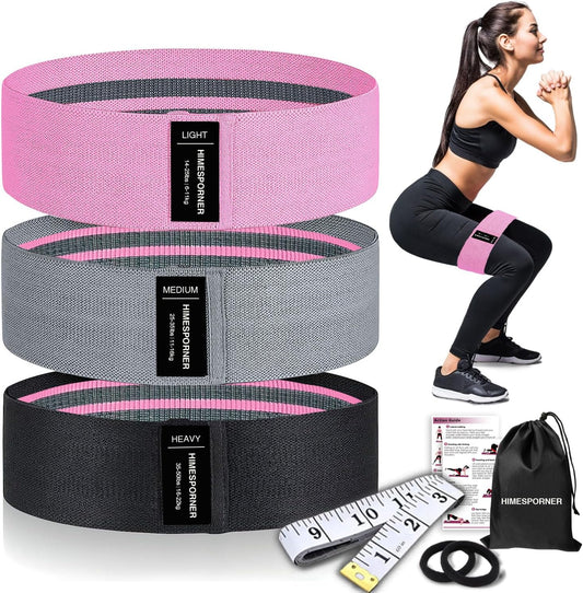 Wide Fabric Resistance Bands for Working Out, 3 Level Non-Slip Exercise Booty Bands for Women & Men Leg and Glutes with Hair Ties and Tape Measure - for Home Gym Workout, Yoga, Pilates