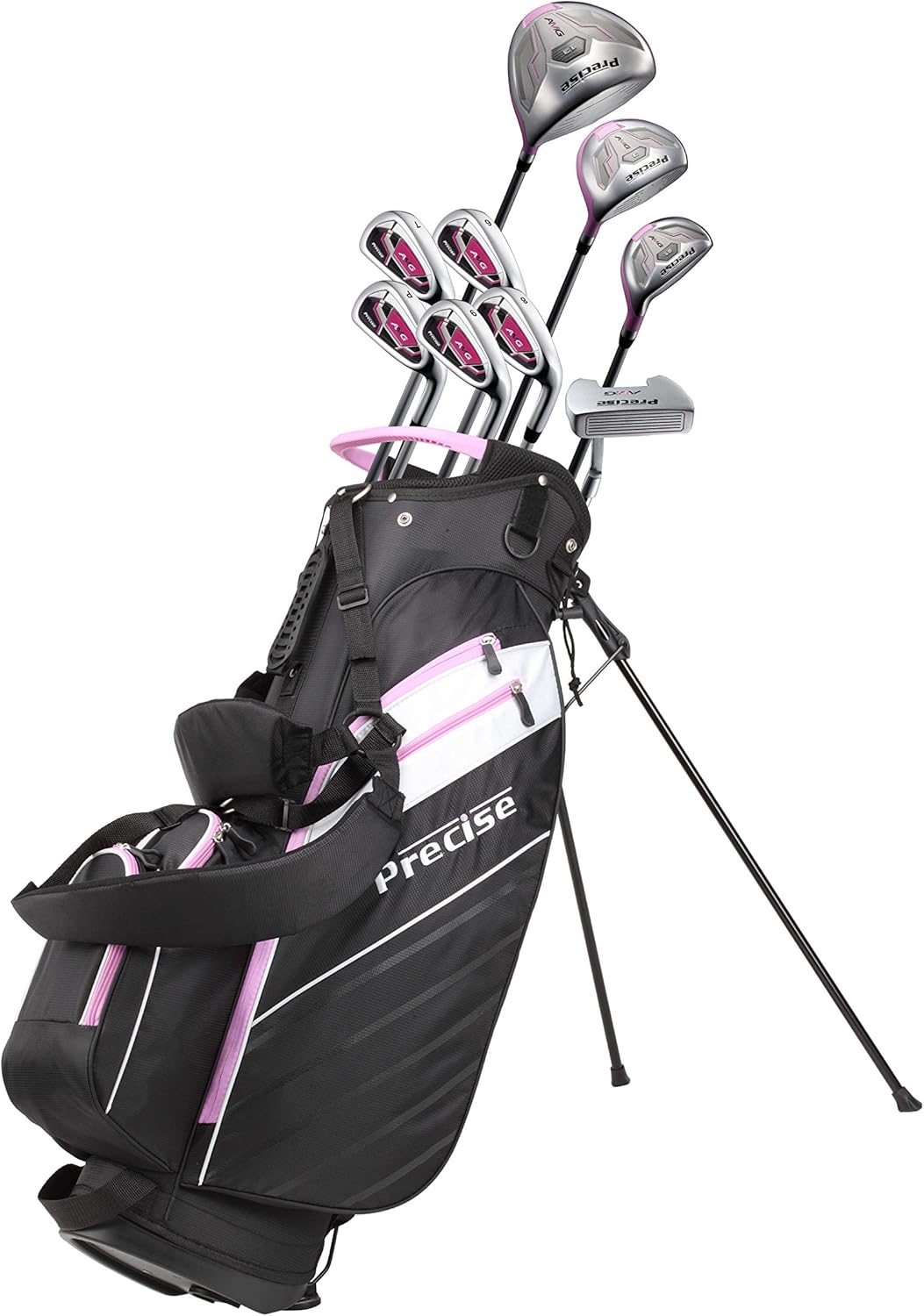 Precise AMG Right-Handed Complete Golf Clubs Set for Petite & Regular Height Women: 460cc Driver, 21° Hybrid, 3 Wood, 6-PW Stainless Irons, Putter, Stand Bag, 3 H/C's | Choose Your Color & Size