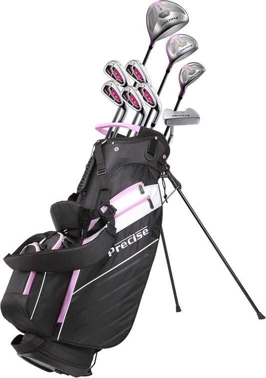 Precise AMG Right-Handed Complete Golf Clubs Set for Petite & Regular Height Women: 460cc Driver, 21° Hybrid, 3 Wood, 6-PW Stainless Irons, Putter, Stand Bag, 3 H/C's | Choose Your Color & Size