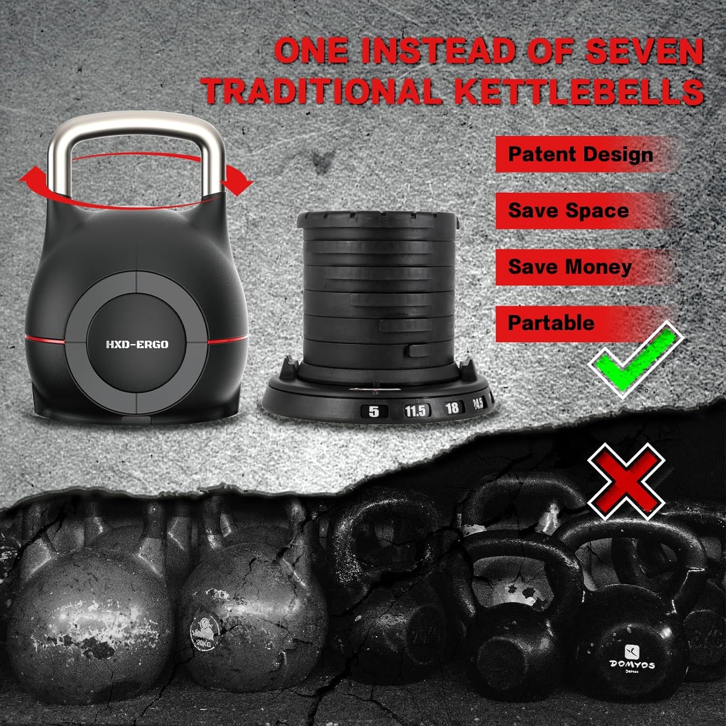 7-in-1 Adjustable Kettlebell, Quick-Adjust Kettlebell for Strength Training, 5-44 LBS Adjustable Weights for Home Gym