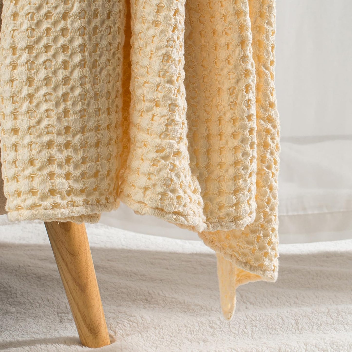 Carriediosa 100% Cotton Waffle Weave Blanket 400GSM Breathable Thermal Blankets for Bed Couch Sofa Soft and Cozy Throws for All Season Home Decor, 50"X 60" Light Yellow