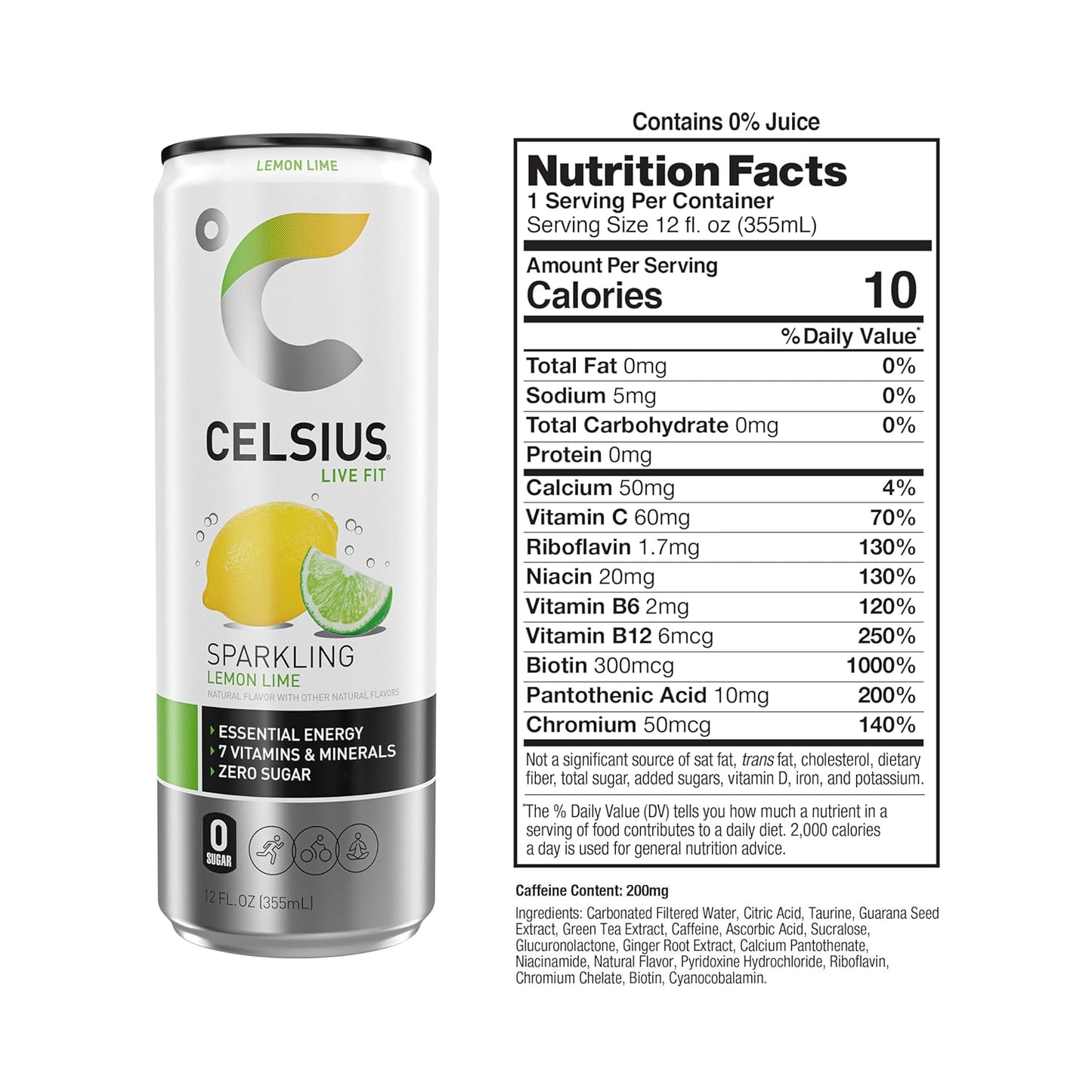 CELSIUS Sparkling Lemon Lime, Sugar Free Energy Drink, 12 Fl Oz (Pack of 12)