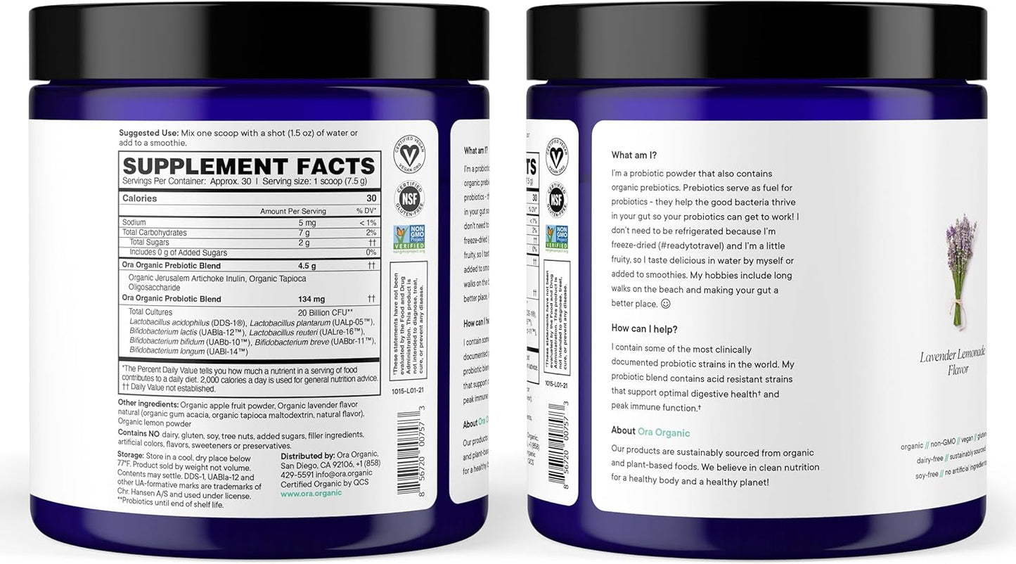 Ora Organic Prebiotic and Probiotic Powder Supplement - 20 Billion Probiotics, 7 Strains for Best Prebiotic Powder, Non-GMO, Probiotics for Women, Men & Kids - Lavender Lemonade Flavor, 30 Servings