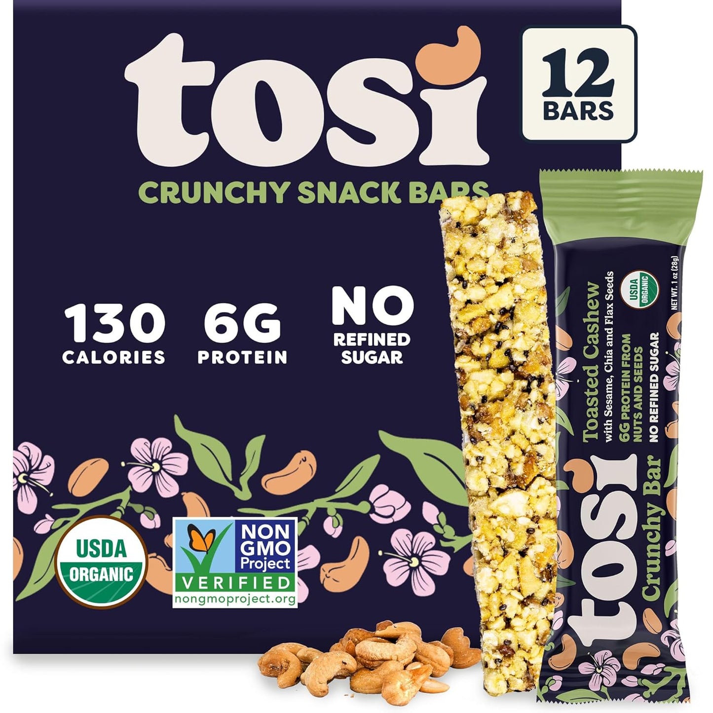 Tosi Cashew Protein Bars, Plant Based with Nuts, Gluten-Free Crunchy Snacks, Vegan, Organic, Flax & Chia Seeds, Soy-Free, Omega 3s, 5G Protein, 1 oz, 12-Pack