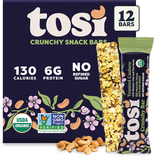 Tosi Cashew Protein Bars, Plant Based with Nuts, Gluten-Free Crunchy Snacks, Vegan, Organic, Flax & Chia Seeds, Soy-Free, Omega 3s, 5G Protein, 1 oz, 12-Pack