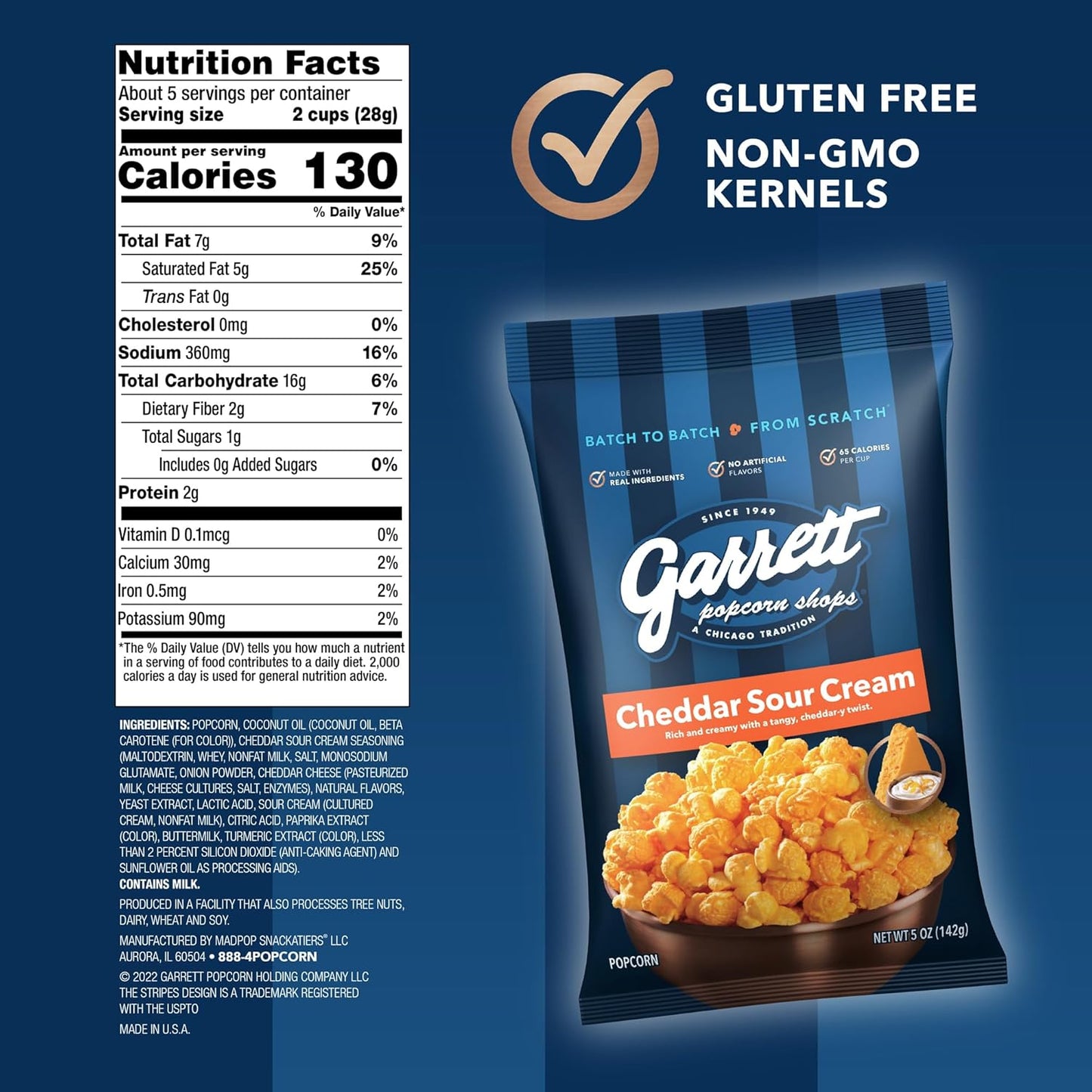 Garrett Popcorn Cheddar Sour Cream, 5.0oz, 4 Bags, Cheesy Popcorn, Gluten Free, Savory Snack, Popped Pop Corn Bags