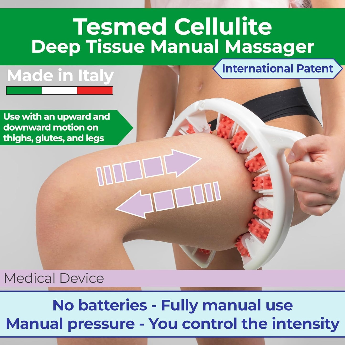 TESMED Cellulite Manual Massager : Made in Italy, Patented with Converging & Diverging Roller Technology. Anti Cellulite Roller for Thighs and Buttock