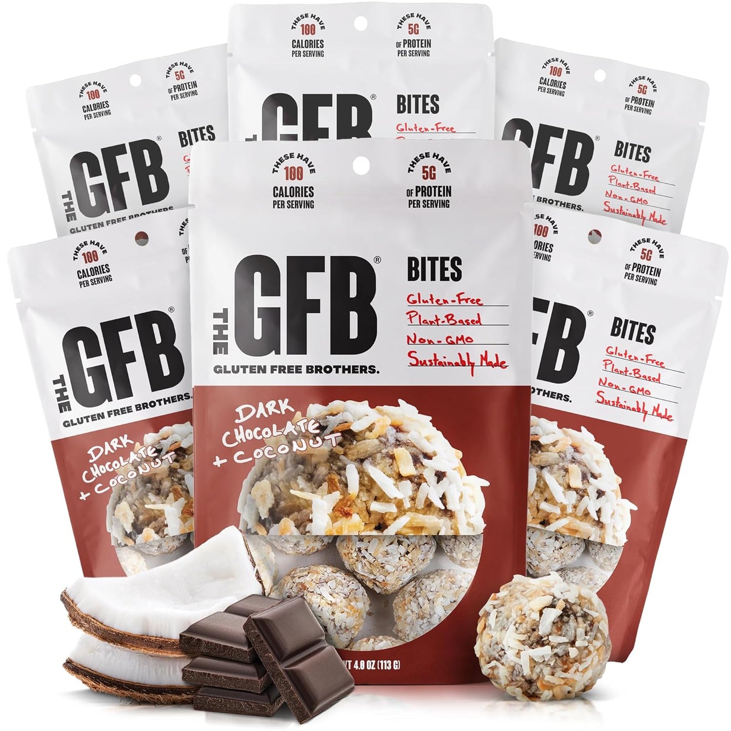 The GFB Dark Chocolate Coconut Protein Bites - Gluten Free, Plant Based, Non GMO, Sustainably Made – Ridiculously Tasty, Healthy, Vegan, Protein Energy Balls, 4 oz (6 Count)
