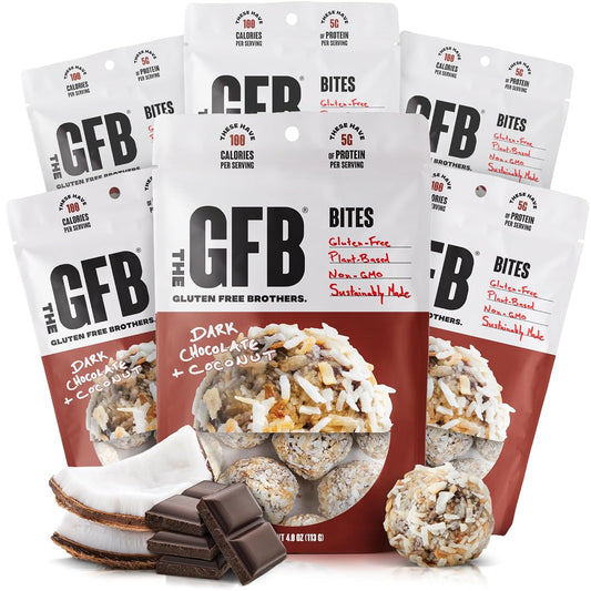 The GFB Dark Chocolate Coconut Protein Bites - Gluten Free, Plant Based, Non GMO, Sustainably Made – Ridiculously Tasty, Healthy, Vegan, Protein Energy Balls, 4 oz (6 Count)