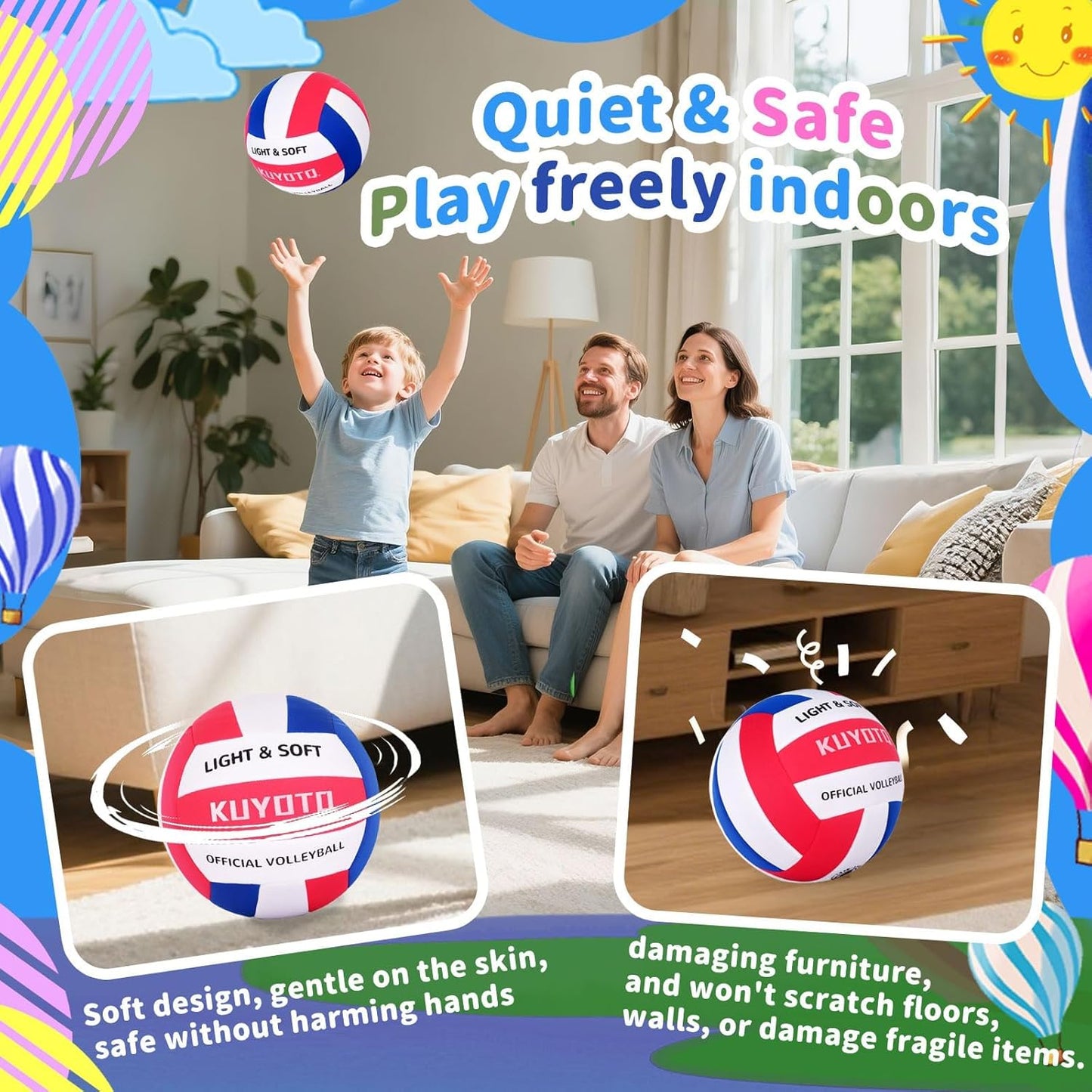 KUYUTQ Soft Light Quiet Indoor Volleyball for Kids Youth Beginners, Perfect for House Yard Training Practice Games(Deflated)