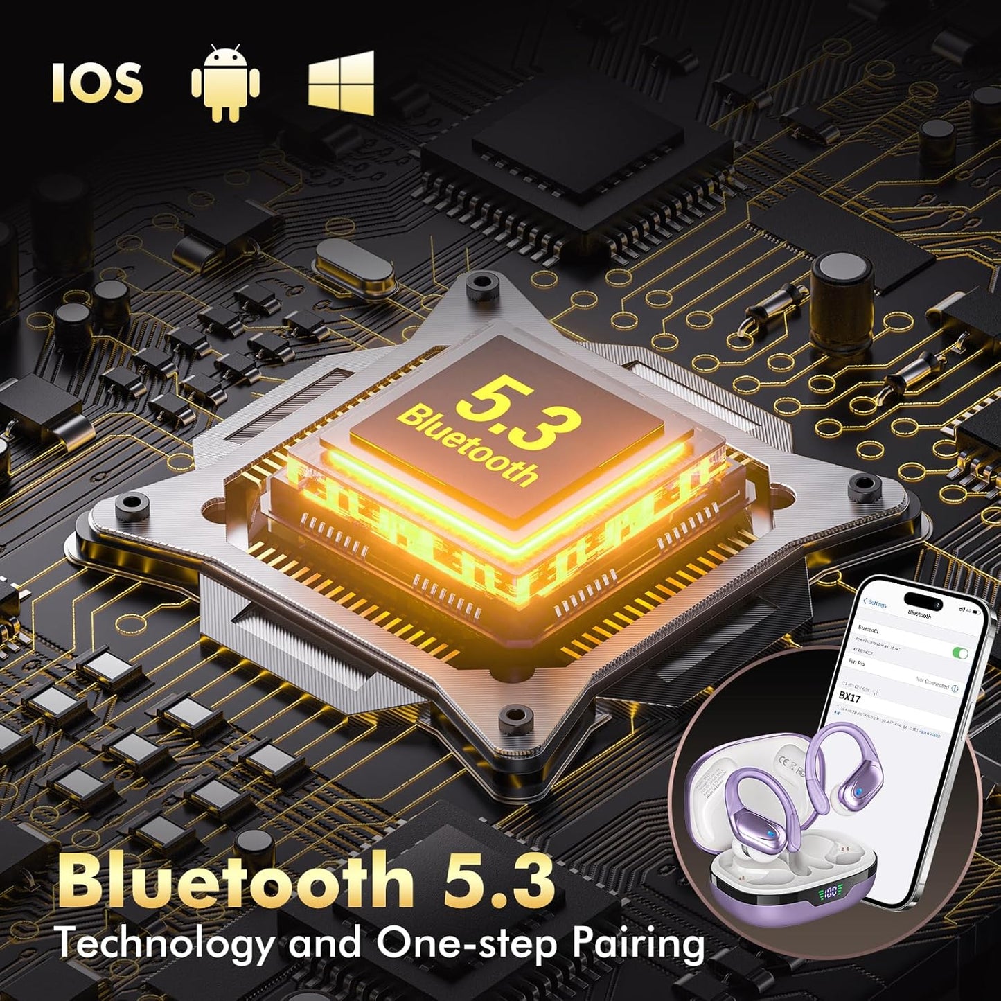 Wireless Earbuds, Sports Bluetooth Headphones, 80Hrs Playtime Ear Buds with LED Power Display, Noise Canceling Headset, IPX7 Waterproof Earphones for Workout/Running (Purple)