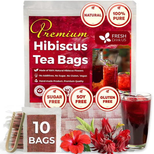 FreshDrinkUS, Premium 10 Hibiscus Flowers Tea Bags, 100% Natural, Pure from Hibiscus Flowers. Loose Flower Hibiscus Herbal Tea. Hibiscus Flower Tea. No Sugar, No Caffeine, No Gluten, Vegan.
