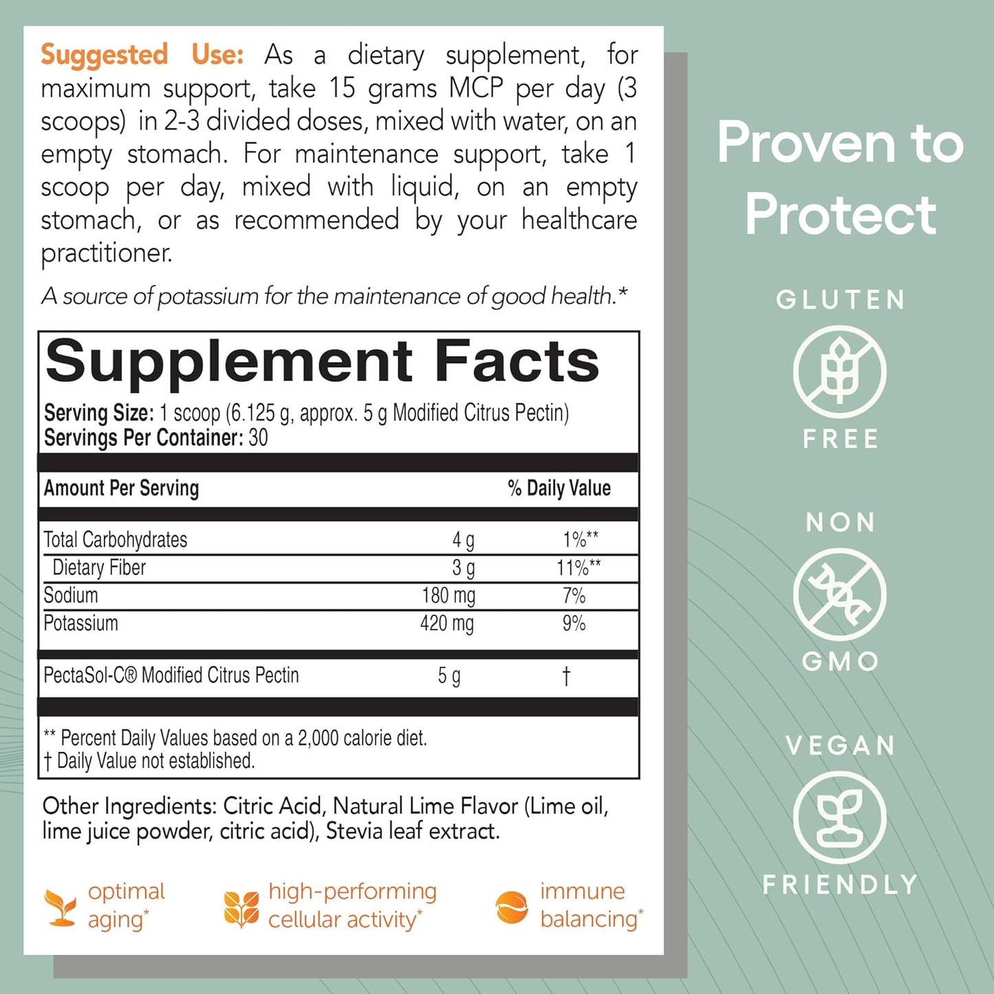 PectaSol Modified Citrus Pectin – 184g Lime Powder – Total-Body Health Supplement to Support Heart, Immune System, Inflammation Response & Healthy Aging + Maintain Healthy Galectin-3 Levels