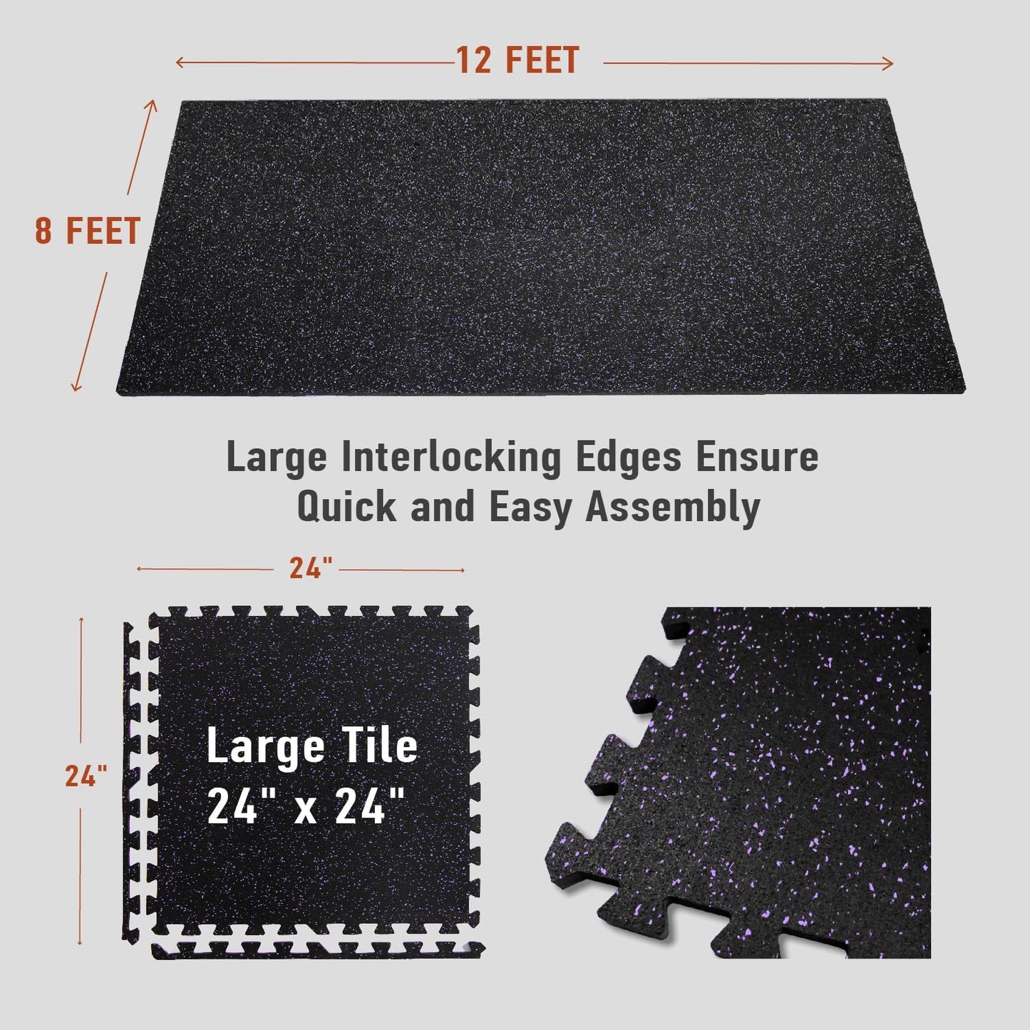 0.56in Thick 96 Sq Ft Exercise Equipment Mats, 24 Tiles Upgraded Rubber Top with High Density EVA Foam, Large Interlocking Puzzle Gym Flooring for Home Gym, Heavy Weight Workout, Black & Purple